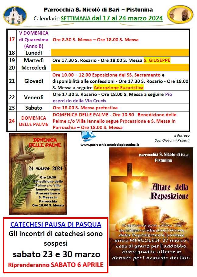 Messa Di Domenica 24 Marzo 2024 Orario S. Messa dal 17 al 24 marzo 2024 – Parrocchia San Nicolò di Bari